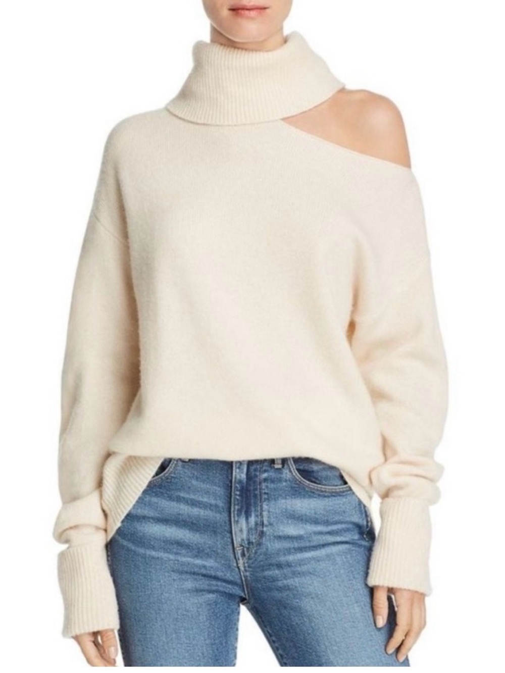 PAIGE Cream Off-Shoulder Turtleneck Sweater